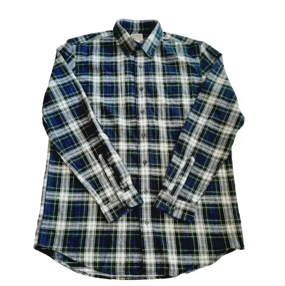 L.L.Bean Slightly Fitted Flannel Shirt L Tall Blue Green Plaid Button Down